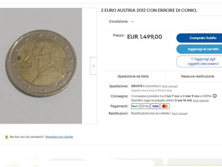 L'annuncio sulla piattaforma ebay della moneta da 2 Euro dal valore di 1499,00 Euro (fonte ebay)