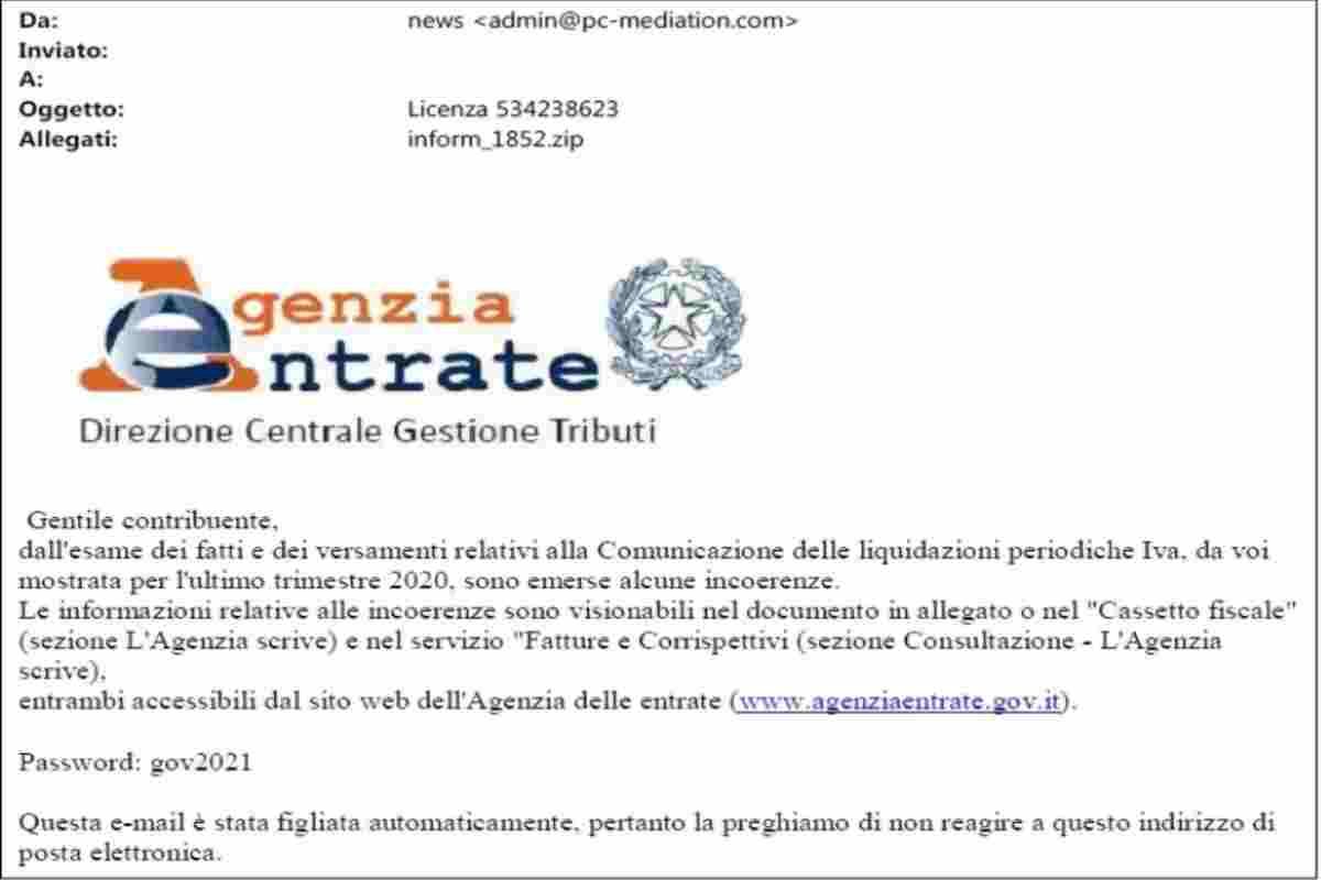 La falsa mail dell'Agenzia delle Entrate (web source) 22.12.2022 crmag